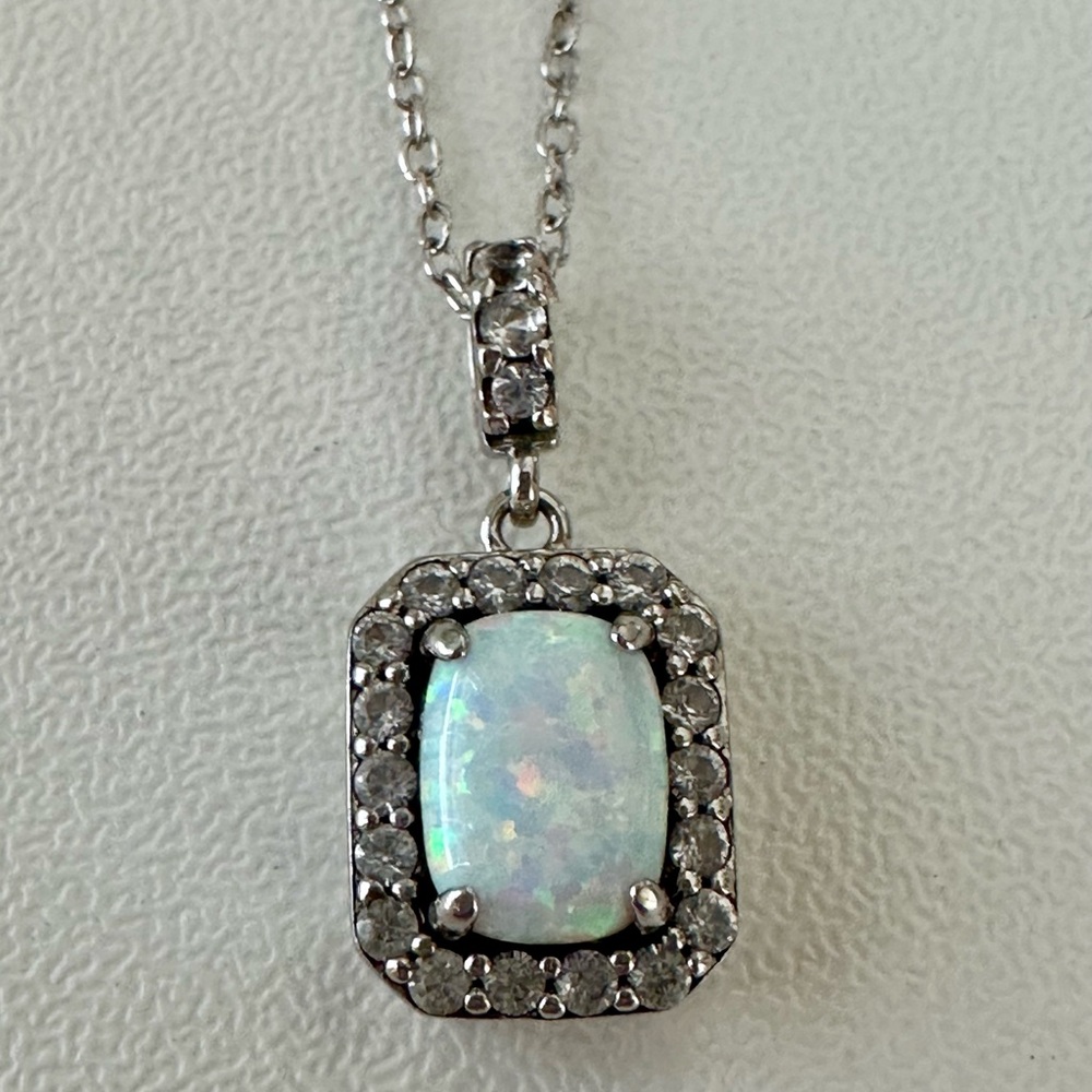 Lab Created White Opal Rectangle Shape Pendent 18… - image 1
